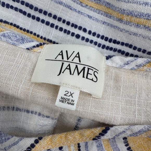 Ava James Top Women 2X Yellow Blue Striped Linen Cotton Blend Short Puff Sleeves - Picture 7 of 12